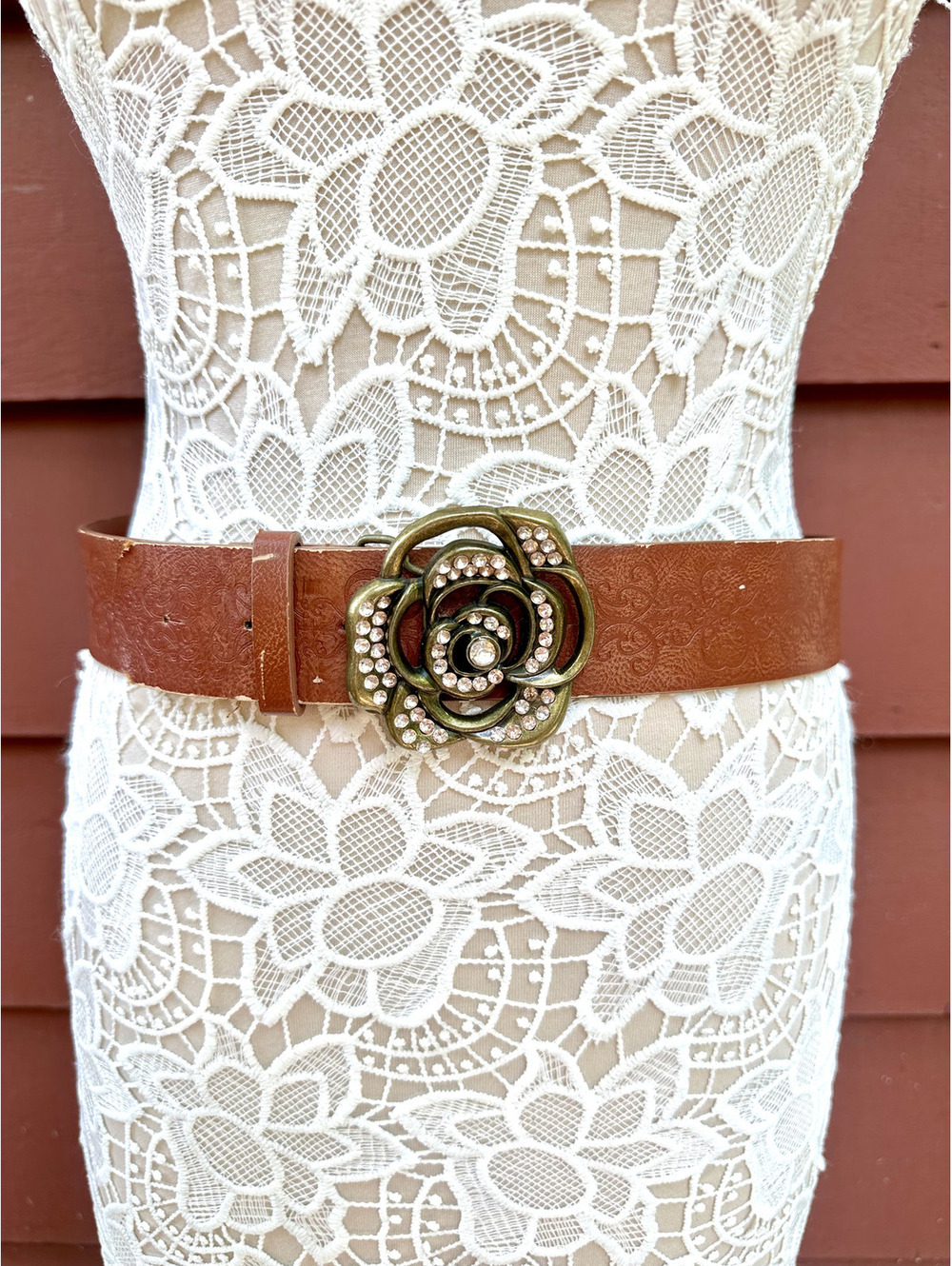 Brown Faux Leather Belt with Rhinestone Flower Buckle